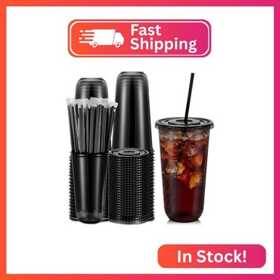 Ziliny 50 Sets 20oz Black Plastic Cups with Lids and Straws Disposable Cups