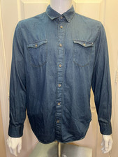 Calvin Klein Jeans Vintage Denim Shirt Long Sleeve Size L Navy Blue Button Up