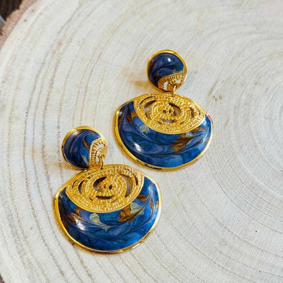 VTG Edgar Berebi dangle earrings enamel chunky pierced designer blue gold 90s - Image 2 of 4