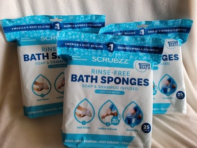 Lot of 3 SCRUBZZ Rinse-Free Bathing Sponges Just Add Water Baby Elderly 75 Total