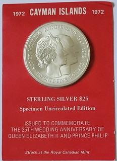 1972 Cayman Islands 25 Dollars Silver Proof Coin Silver Wedding 51g .925 Silver