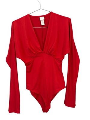 H&M Bodysuit Size XS Plunge V Neck Long Sleeve One Piece Cocktail Evening Wear