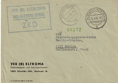 DDR, ZKD-Brief VEB (B) ELTROMA 1405 GLIENICKE / NORDB.