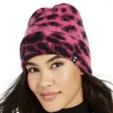DKNY 36 NEW Fuzzy Animal Print Beanie Hot Pink Black Cheetah Cap Hat Winter