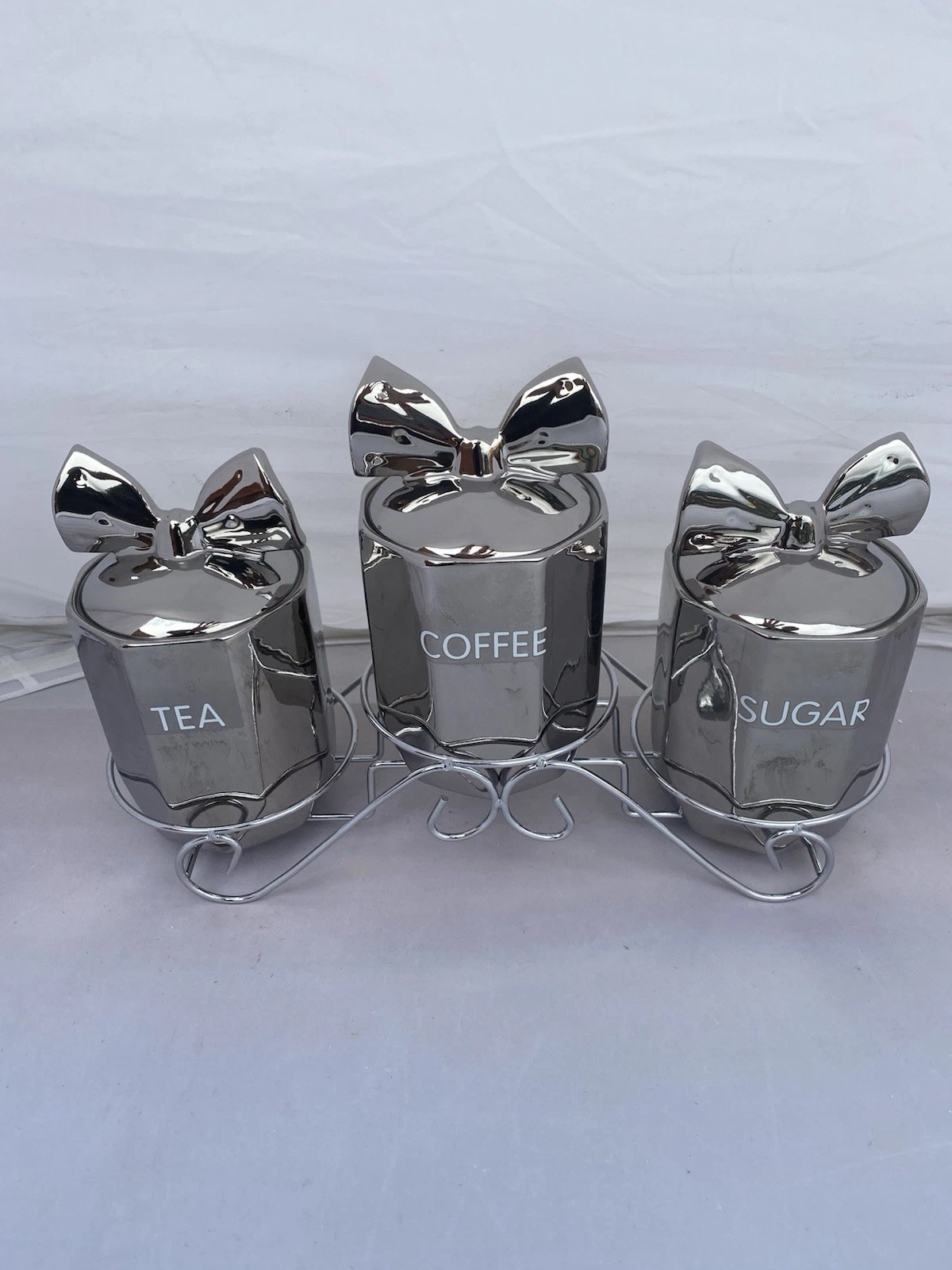 Tea Coffee Sugar Jar With Stand Silver Ceramic Storage Set Air Tight Canisters
