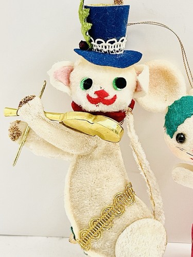 2 Vintage Mouse Ornaments Whimsical White Mouse Christmas Blue Hat Felt Flocked - Picture 2 of 15