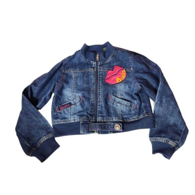 MGA Bratz Girls Jean Jacket Sz 7/8 M Blue Denim Applique Lips Retro Vtg Dolls