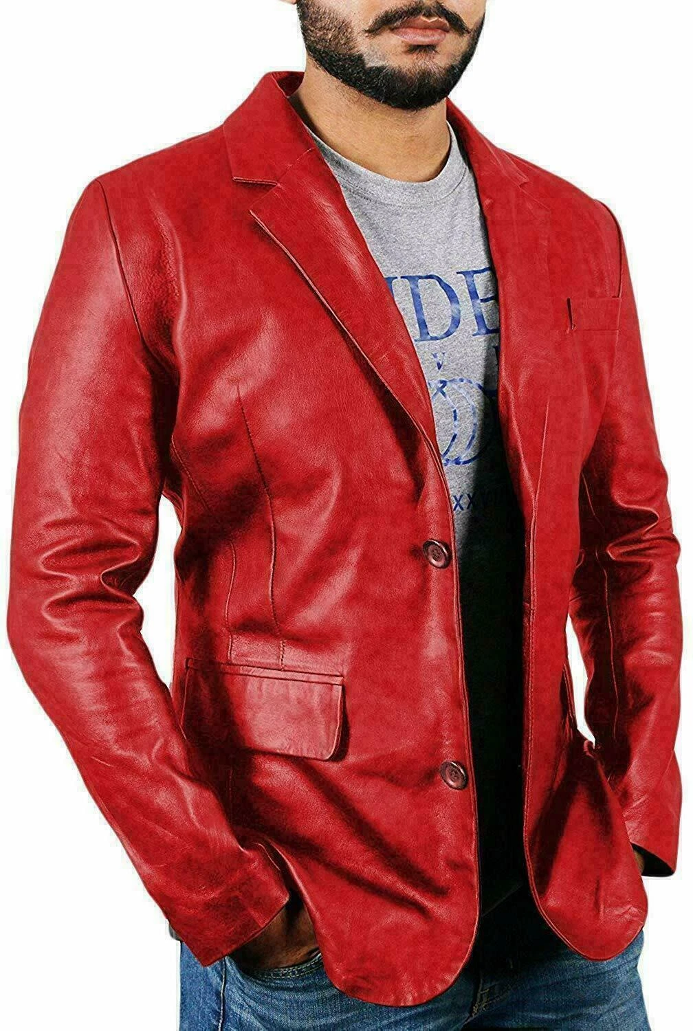 ELEGANT New Men's Red Blazer 100% Pure Sheepskin Causal Slim Fit Coat Blazer