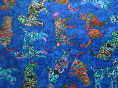 MOD CATS ART DETAILED CAT BRIGHT COLORS PURPLE/BLUE COTTON FABRIC FQ