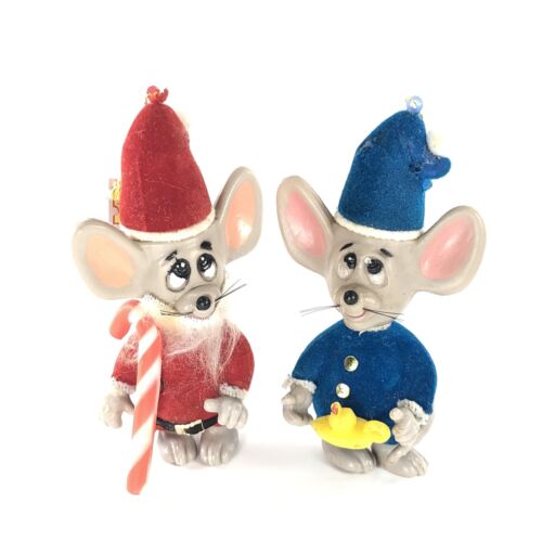 2pc Jasco 1979 Vintage Merry Mice Christmas Ornament Flocked Mouse Red Blue - Picture 1 of 11