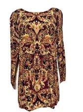 J Jll M Tunic Top Blouse plum  Purple Gold Fairisle Layered Look 3/4 Sleeve