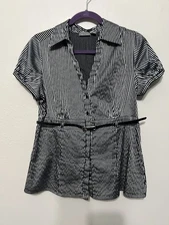 Apt 9 Women’s Blouse Button Front with Belt Black & Silver Striped V-Neck Size L