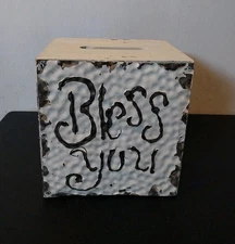 Vintage "Bless You" Rustic Metal Wood Tissue Box  Signed Kathleen Wedemeyer 
