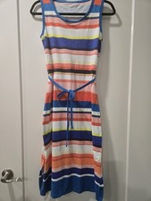 T by Talbots Striped Midi Dress Tie Waist Sleeveless Side Slits Blue Orange SP