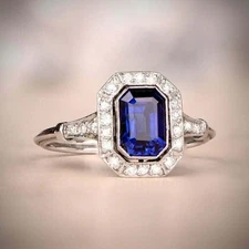 3.10 Ct Emerald Cut Sapphire & Moissanite Ring 14K White Gold Finish