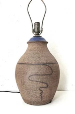 Vintage Modernist Studio Pottery Stoneware Table Lamp Blue Glazed Neck Incised