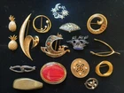 Lot 16 VTG Brooch Pins Trifari Spain Damascene Costume Jewelry ships fan pearls
