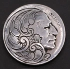 Split‑Design Buffalo Nickel – Scrollwork & Original Profile - Hand Carved Coin
