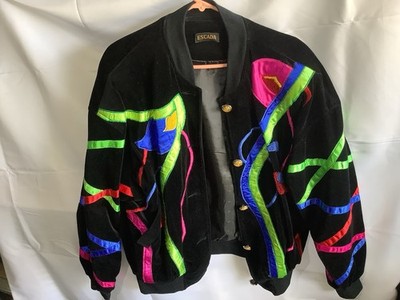 80s 90's Escada Vintage Black Velvet Ribbons Bomber Jacket M/L