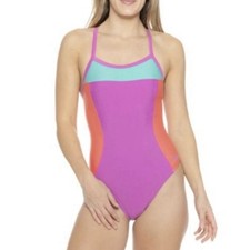 Speedo Women's Color-Block Propel Back One-Piece Swimsuit Neon Violet Sz 28 XS 