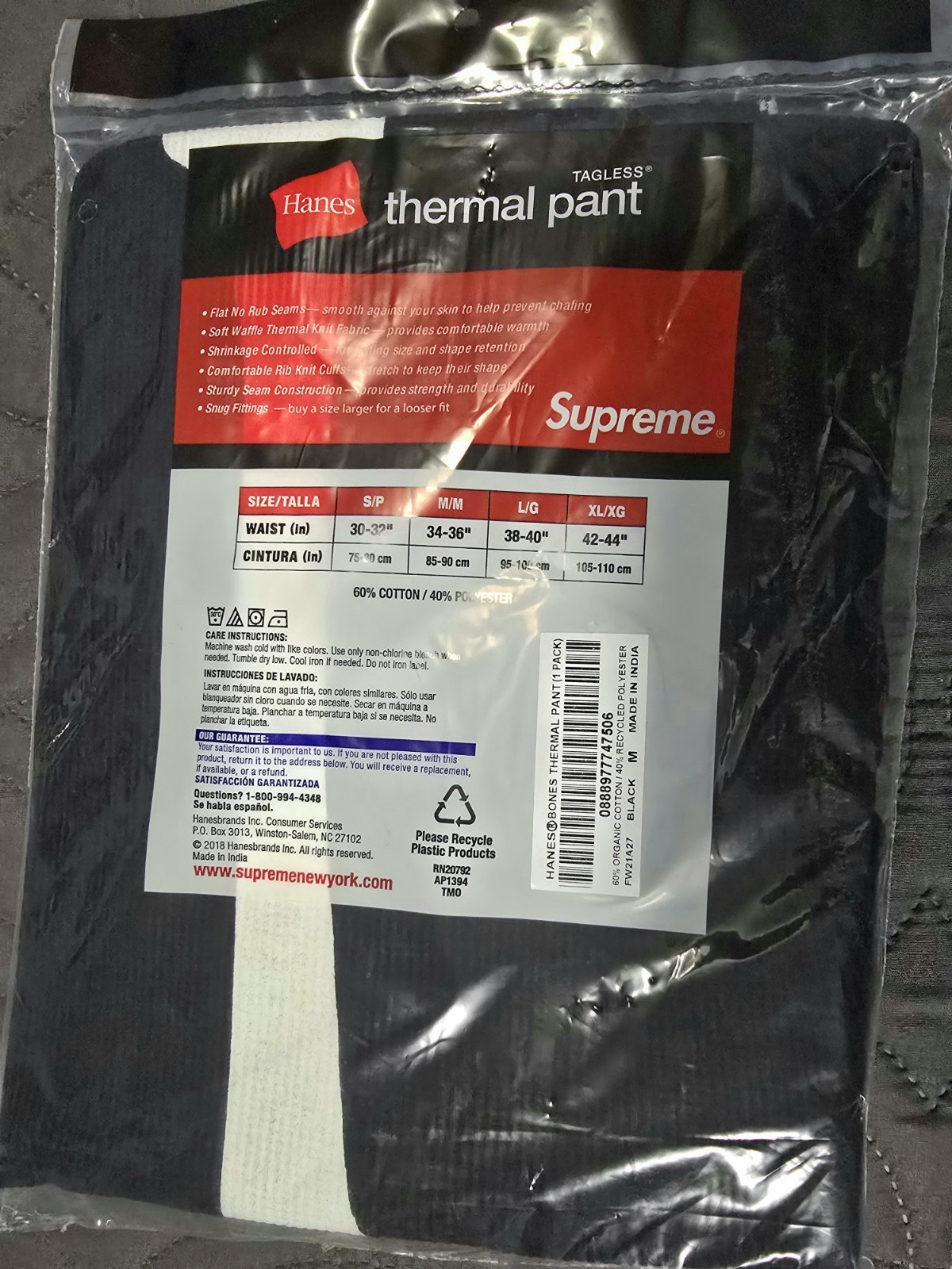 Hanes Supreme Bones Thermal Pant Black M Organic Cotton Recycled Polyester thumbnail 4