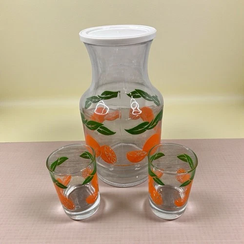 Vintage 1987 Anchor Hocking Orange Juice Carafe Pitcher w/ Lid & 2 Small Glasses