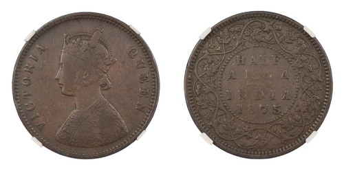 British India 1/2 (Half) Anna 1875 (C) NGC F-15 BN Extremely Rare