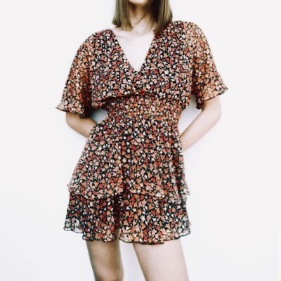 Zara Floral Chiffon Dress Sz S Tiered Skirt Flutter Sleeve Fairy Goth Grunge
