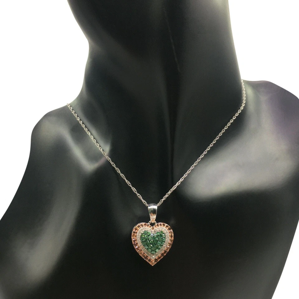 925 Silver Natural Round Cut White Green Brown Diamond Pendant Necklace 1.07 cts - Image 2 of 4