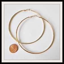 Twisted Thin Hoop Earrings 3" Diameter Polished Gold Plated Hoops