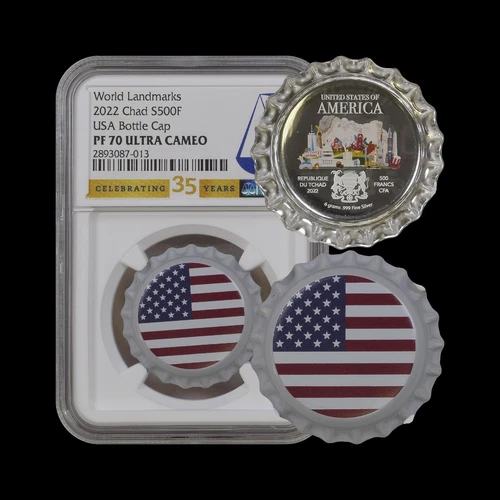Chad. 2022, 500 Francs, Silver - NGC PF70 - Top Pop 🥇 Bottle Cap, USA Landmarks