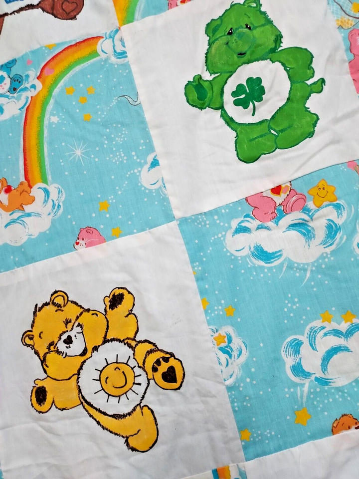 Handmade Baby Quilt Throw Painted Care Bears Teal Blue Pink Reversible