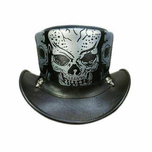 Skull Western Cowboy GENUINE Leather Top Hat Steampunk 