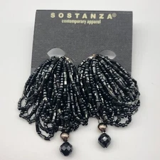 Vintage Sostanza clip earrings black beaded multi strand on card 