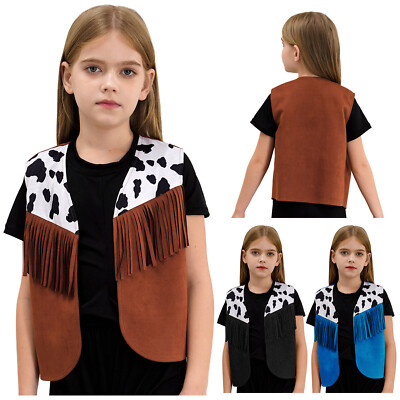 Kids Girls Tops Cowboy Blouse Brown Suede Vest Cowgirl Tank