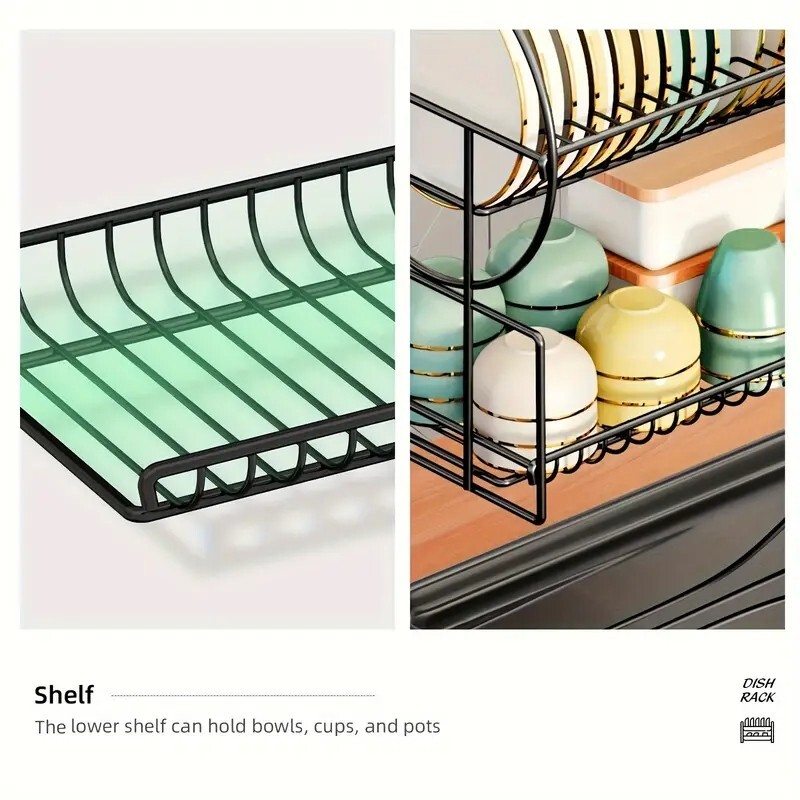 INTETEIN 2 Tier Kitchen Sink Dish Drainer Rack With Drip Tray Cutlery Holder