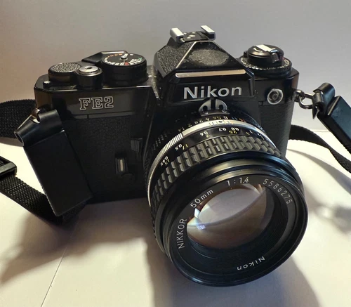 NIKON FE2 Black 35mm Film Camera Ai NIKKOR 50mm f/1.4  JAPAN Satter strap