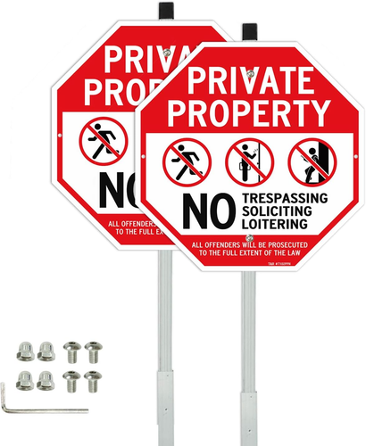 Large Private Property No Trespassing Soliciting Loitering Sign with 36" Stake f
