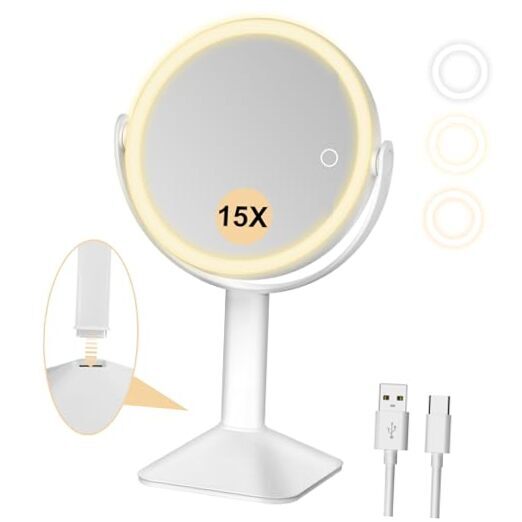 2600mAh Rechargeable LED Lighted Makeup Mirror with 15X and 1X Magnification
