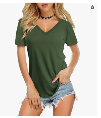 Amoretu Women's V-Neck Short Sleeve Tee - Soft Cotton Basic Blouse, Green, Size 2XL - View #3