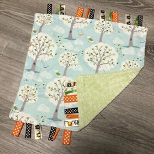 Owl Trees Swings Baby Lovey Security Blanket Nunu 18  Ribbons Green Minky