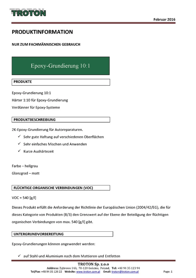 2K Epoxy Primer Troton Grundierung 10:1 Füller Haftgrund 1,1kg inkl. Härter  - Bild 2 von 4
