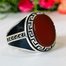Natural Red Agate Aqeeq Handmade Genuine Real 925 Sterling Silver Ring For Men