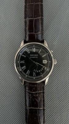 Seiko Kinetic Retrograde Day Indicator Brown Leather Strap Men's Watch SRN035P1