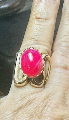 Vintage Pink Cabochon Geometric Gold Tone Ring, Size 7.5