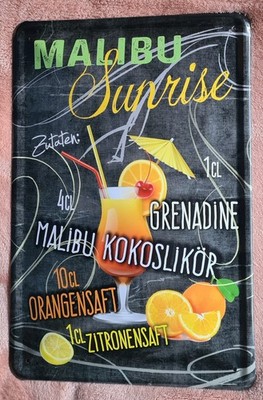 Blechschild, 20 x 30 cm, Malibu sunrise, Cocktail, Kokoslikör, Orange, unbenutzt