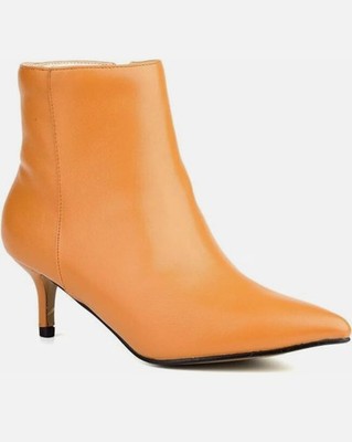 Damen Kitten Heel Stiefeletten klassisch spitz zulaufend seitlicher Reißverschluss Boots camel 41 Gr.