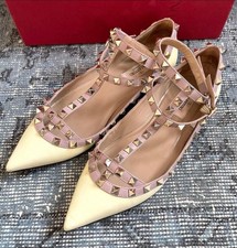 Valentino Rockstud Flat Shoes Leather Light Ivory Women's Size EU38/US8