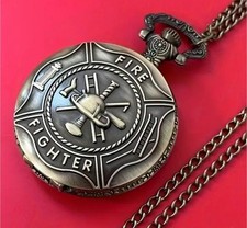 New Fire Fighter Fire Dept Quartz Pocket Watch Necklace Chain