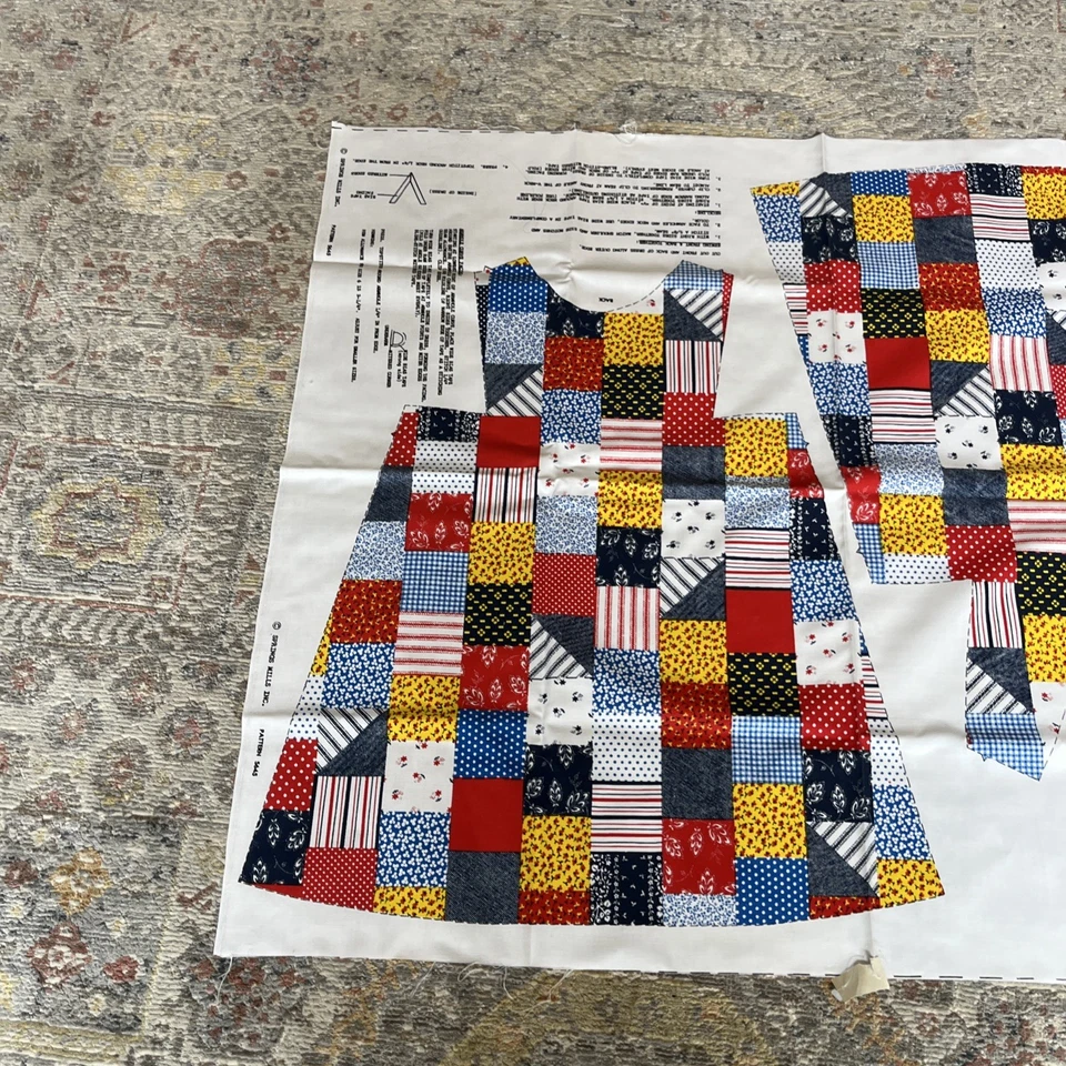Springs Vtg Girls Sz 4-6 Faux Patchwork Dress Jumper Cut & Sew Cotton Fabric 70s - Image 3 of 4